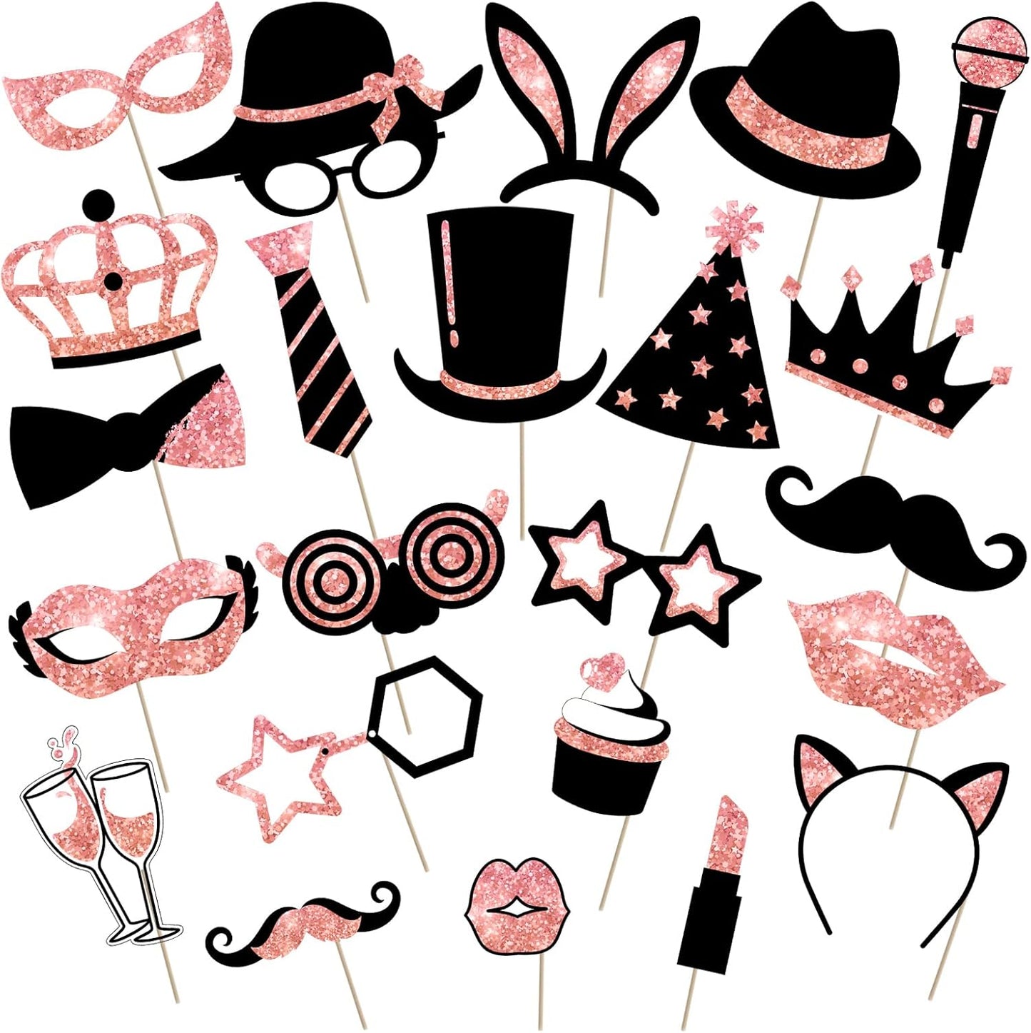Zonon 24 Pieces Funny Photo Booth Props:Halloween,Christmas,Family Reunion, Class Reunion, Birthday, Weddings, Prom Disco Mardi Gras Party Supplies - Mix of Hats, Lipstick, Tie(Rose Golden)