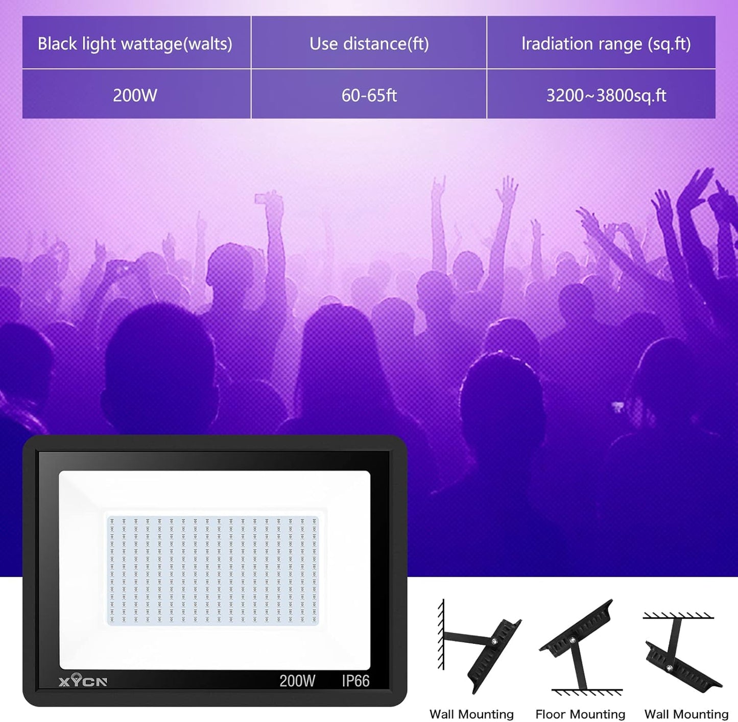 3 Pack 200W LED Flood Black Lights,Outdoor Flood Blacklight Light with Plug, IP66 Waterproof forGlow in The Dark, Dance Party, Stage Lighting, Body Paint, Fluorescent Poster, Neon Glow