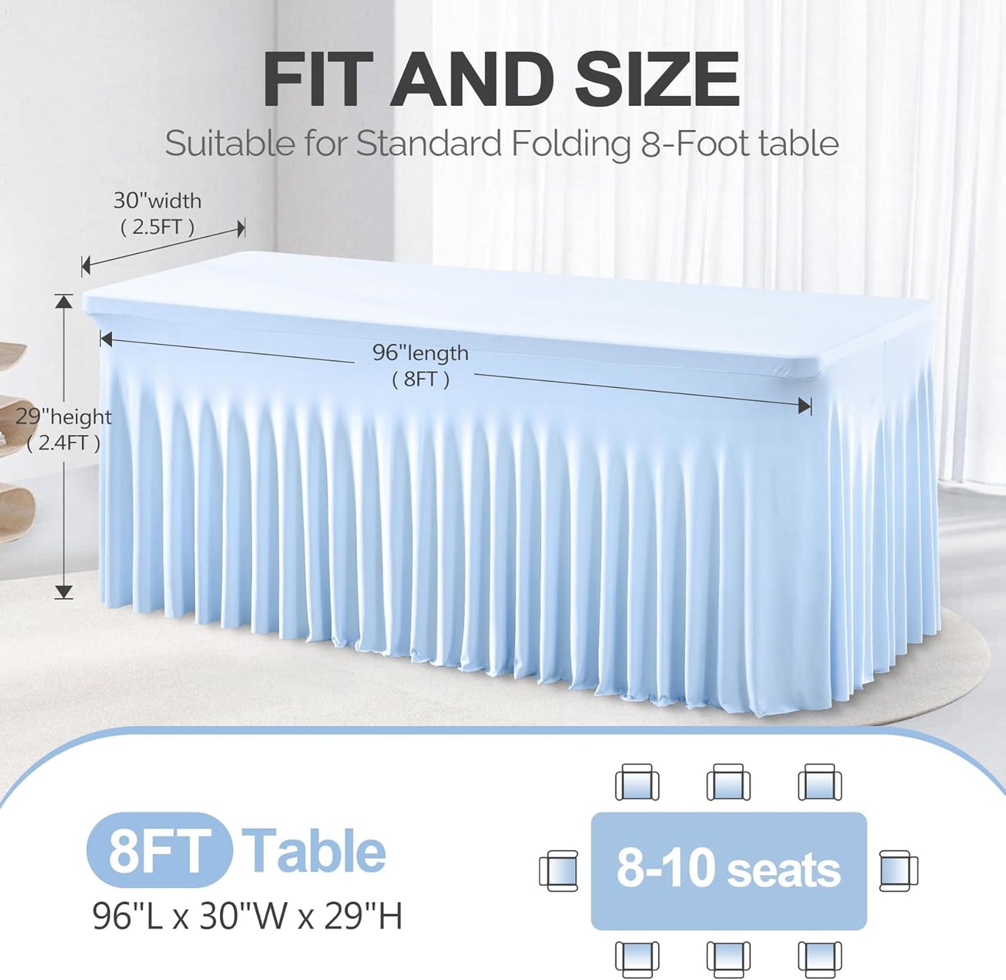 PARTISKY Blue Spandex Tablecloth for 8ft Rectangle Tables, Stretchable Table Cover Skirt for Folding Tables Weddings Parties Banquets Events Trade Shows and Dessert Table