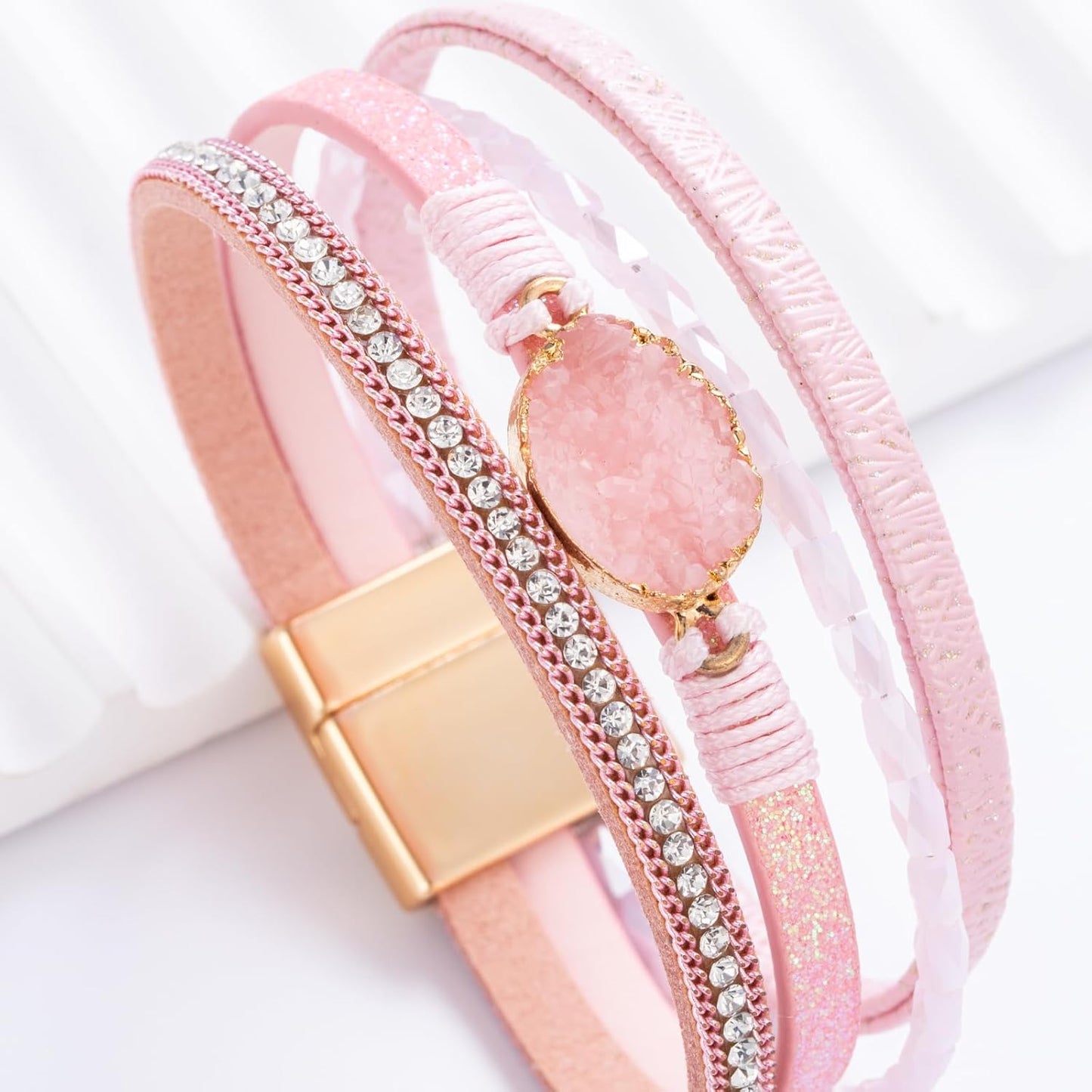 FANCY SHINY Leather Wrap Bracelet Boho Cuff Bangle Bracelets Crystal Bead Bracelet with Magnetic Clasp Jewelry Gifts for Women