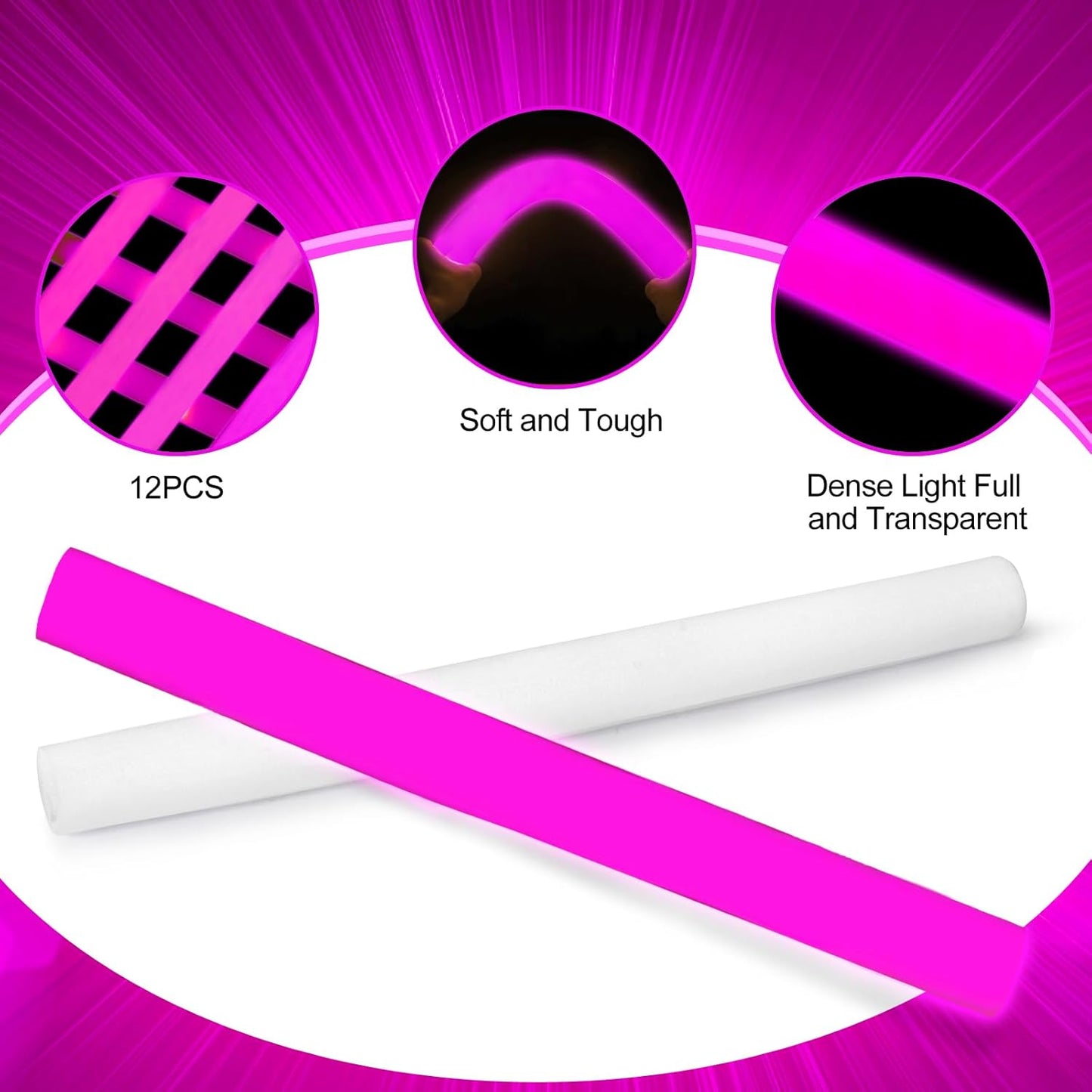 Glow Foam Wand, 36 Pcs Pink Giant LED Light Up Sticks 3 Modes Flashing Glowing Baton Wands Party Supplies for Wedding, Raves,Concert,Birthday,Christmas, Halloween,Sporting Events