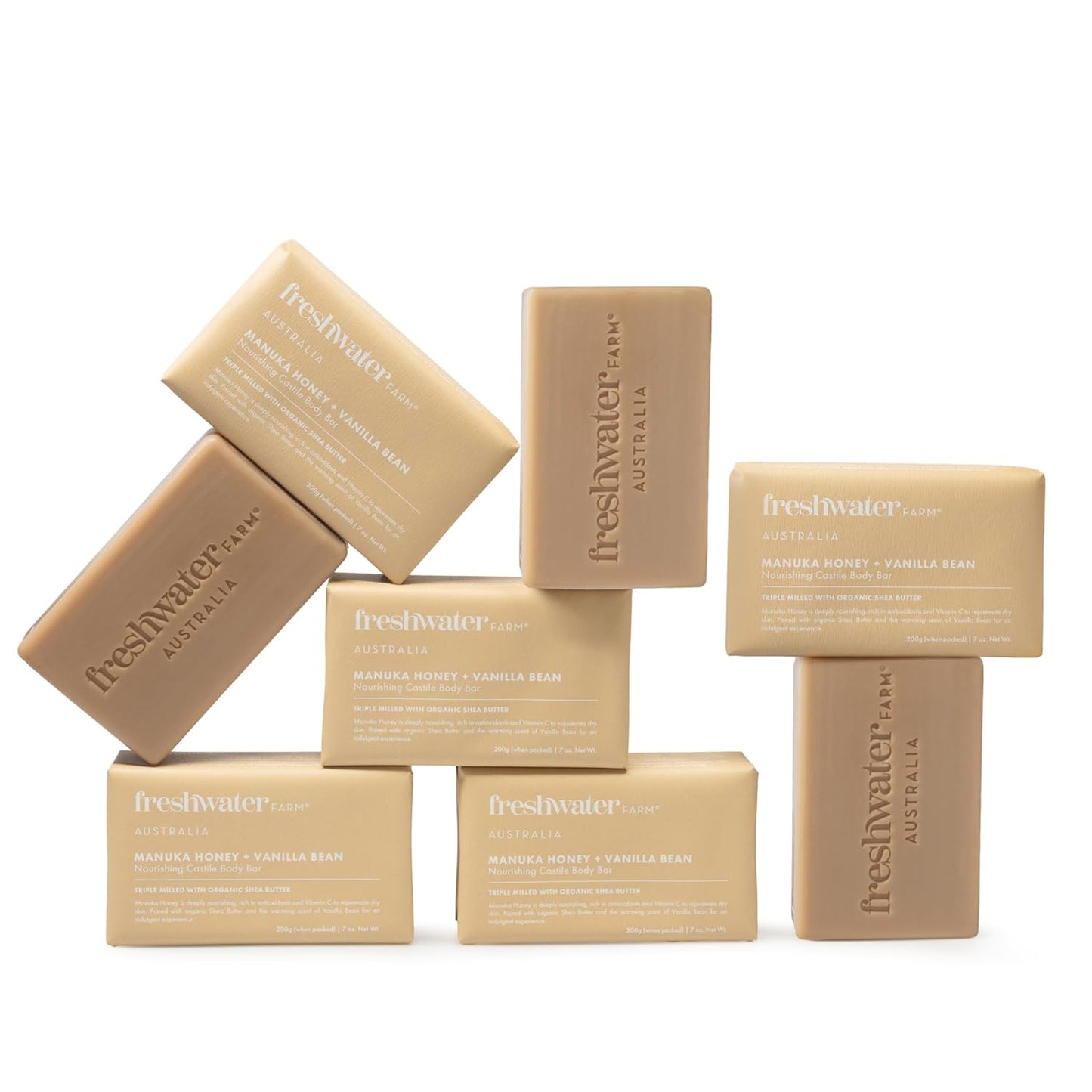 Freshwater Farm Australia Soothing Castile Natural Body Bar/Soap Bar for Women/Men- Manuka Honey + Vanilla Bean. Bar Soap/Body Soap With Organic Shea Butter For Dry, Sensitive Skin - 7 oz x 8 pack