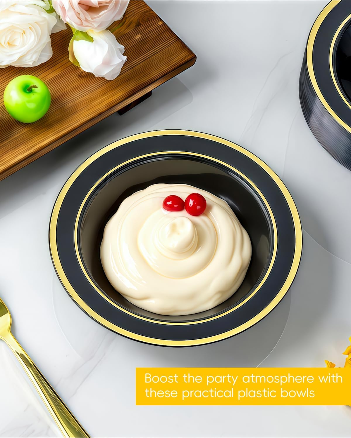 200 Pack Black Disposable Bowls with Gold Rim, 12oz Black Plastic Soup Bowls for Party, Wedding, Holiday,And Halloween