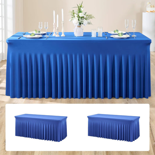 NSSONBEN 2 Pack Royal Blue Spandex Tablecloths 6ft, Wrinkle Free High Stretch Fitted Table Cloths for 6 Foot Rectangle Tables, Ruffle Skirt Spandex Table Covers 6ft for Party Wedding Banquet