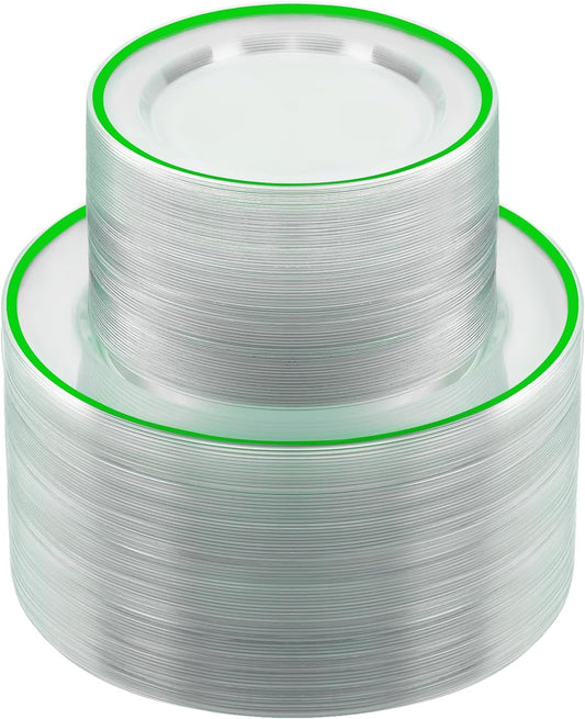 200PCS Green and Clear Plastic Plates, Green Disposable Plate Set with 100 Dinner Plates and 100 Dessert Plate for Party, St. Patrick's Day