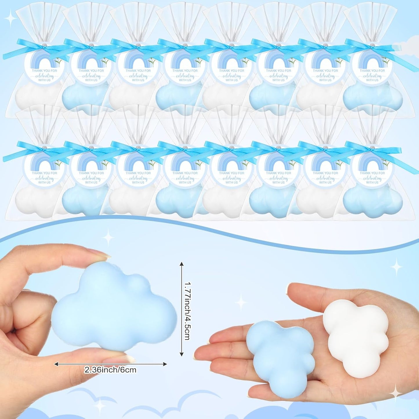 Demissle 20 Pcs Cloud Baby Shower Favors Soap Mini Handmade Scented Soap Party Favors for Guests Gifts with Thank You Card Christmas Wedding Party Bridal Shower Return Gifts(White,Blue)