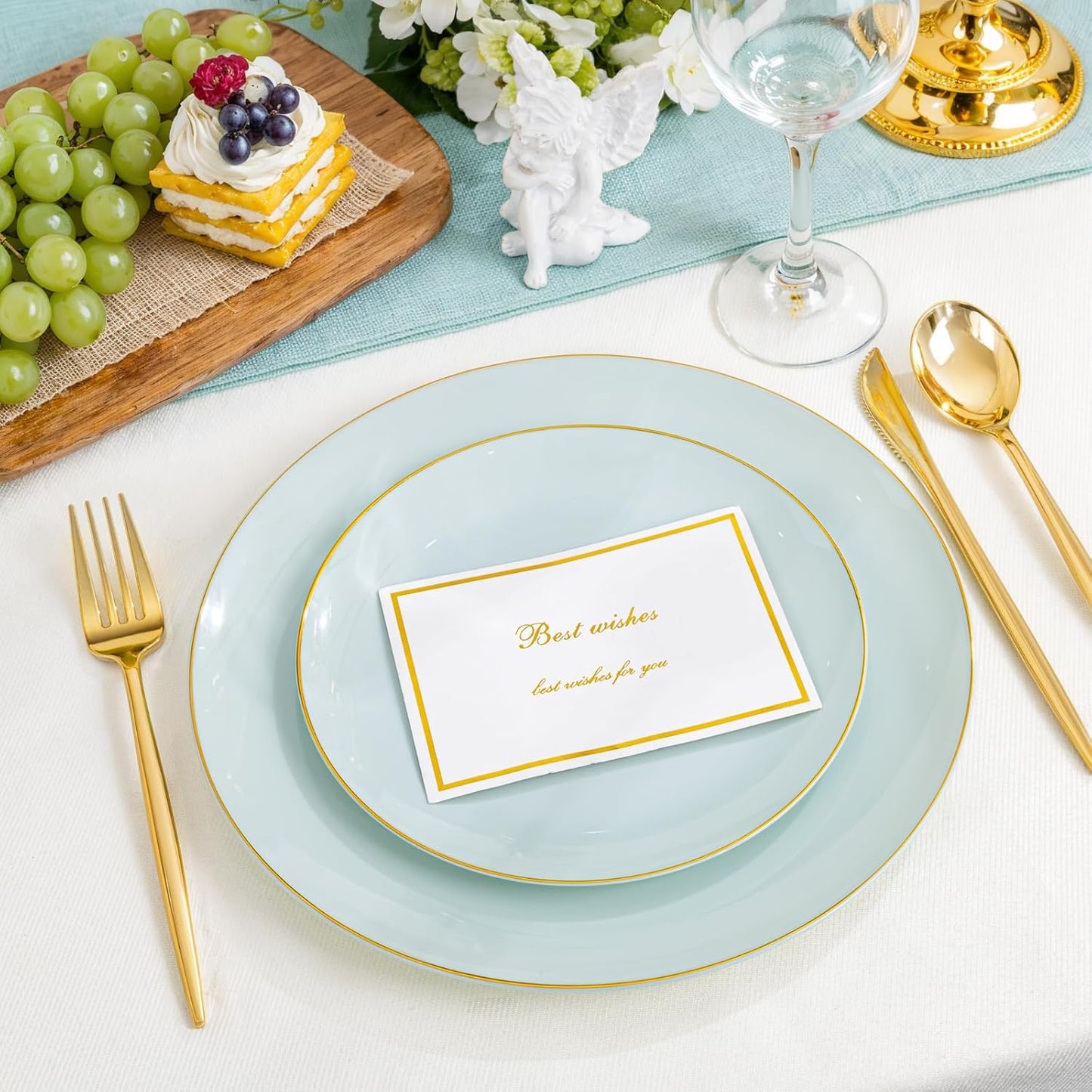 PULOTE 100PCS Sage Green Plastic Plates - Disposable Sage Green Include 50 Dinner / 50 Dessert Plates for Party, Wedding&Easter