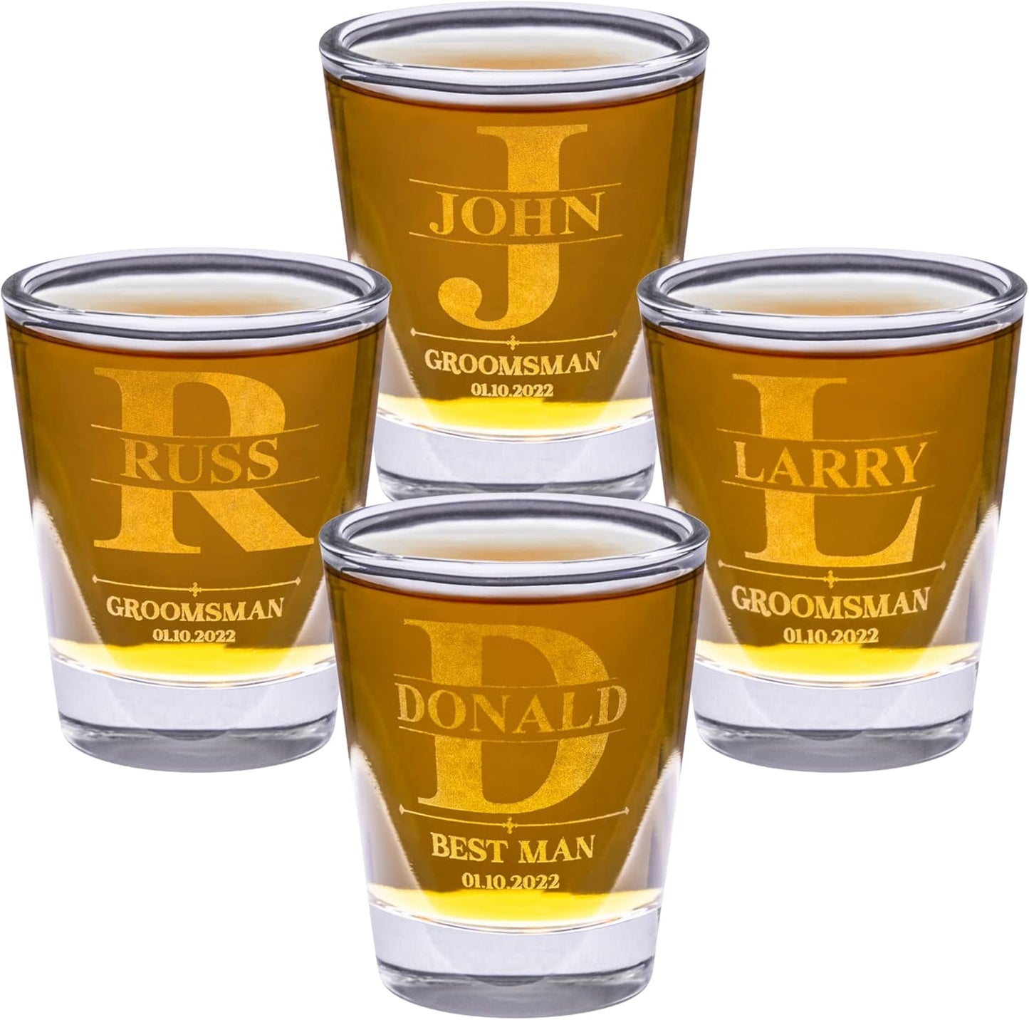 Gifts Inscribed Personalized Shot Glasses Set of 4 – Custom Engraved Groomsmen Glasses – Wedding, Bachelor Party, Drinking Gift for Men, Whiskey Vodka Tequila Shooters