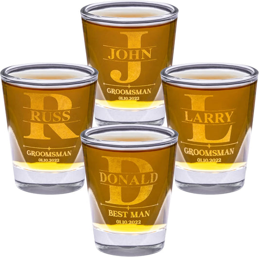 Gifts Inscribed Personalized Shot Glasses Set of 4 – Custom Engraved Groomsmen Glasses – Wedding, Bachelor Party, Drinking Gift for Men, Whiskey Vodka Tequila Shooters