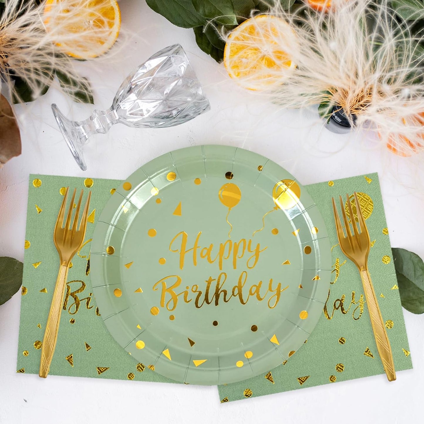 48PCS Happy Birthday Plates and Napkins Party Supplies, Sage Green and Gold Disposable Paper Plates and Napkins with Forks Tableware Set for Birthday Party Decorations 16 Guests (Sage Green)