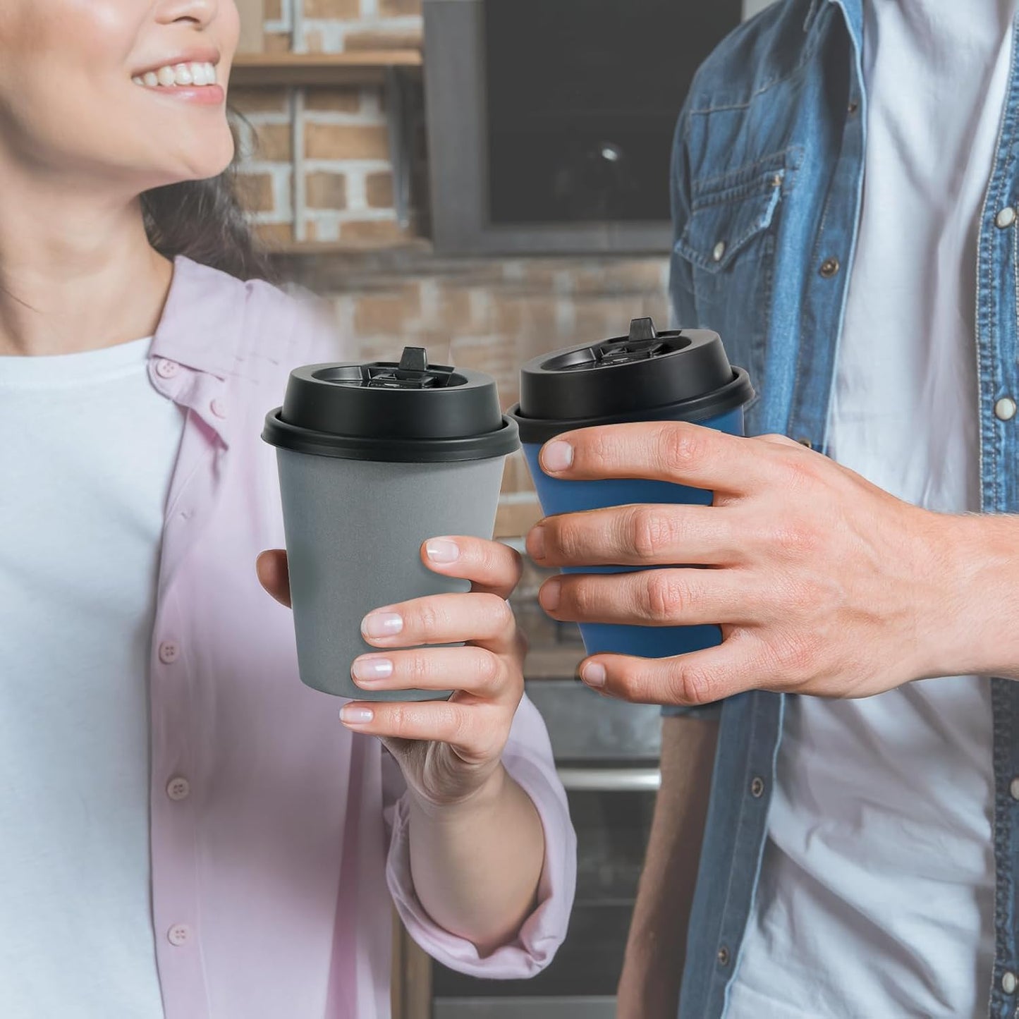 LITOPAK 100 Pack 10 oz Disposable Paper Coffee Cups with Lids for Coffee, Water, Juice, or Tea, Blue and Gray Hot Paper Cups for Home, Restaurant, Store, and Cafe