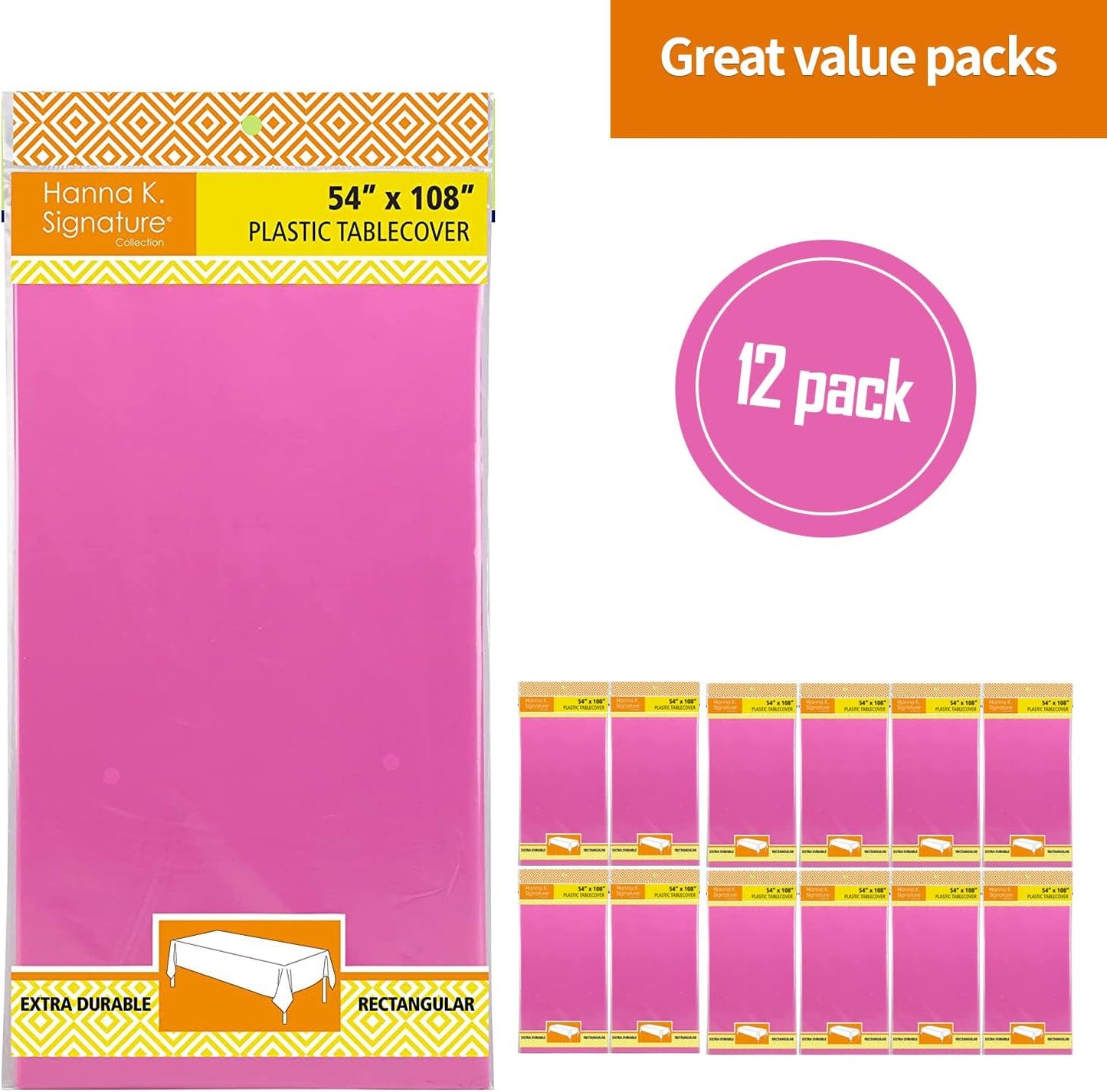 Pink Disposable Plastic Table Cloth for Rectangle Tables (12 Pack) Premium Decorative Pink Tablecloth for Parties, Events & Weddings, Indoors & Outdoors, 54 x 108 inches, Plastic Table Cover