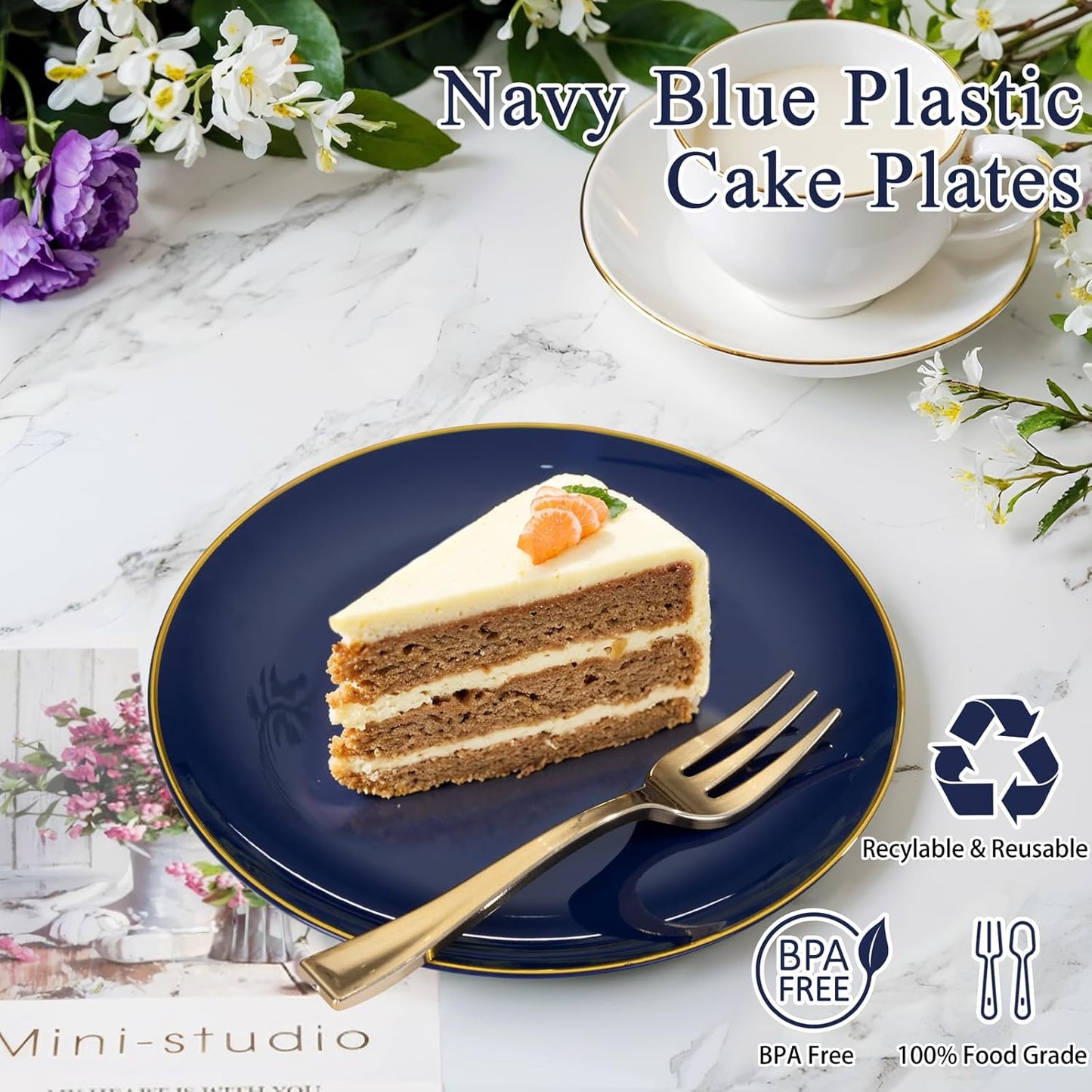 Festiva 400Pcs Navy Blue Gold Dessert Plates 6.3" with Forks 5"- 200PCS Small Disposable Dessert/Cake/Appetizer Plates and 200PCS Forks - Serve 200 Guests for Halloween Party&Birthday &New Year