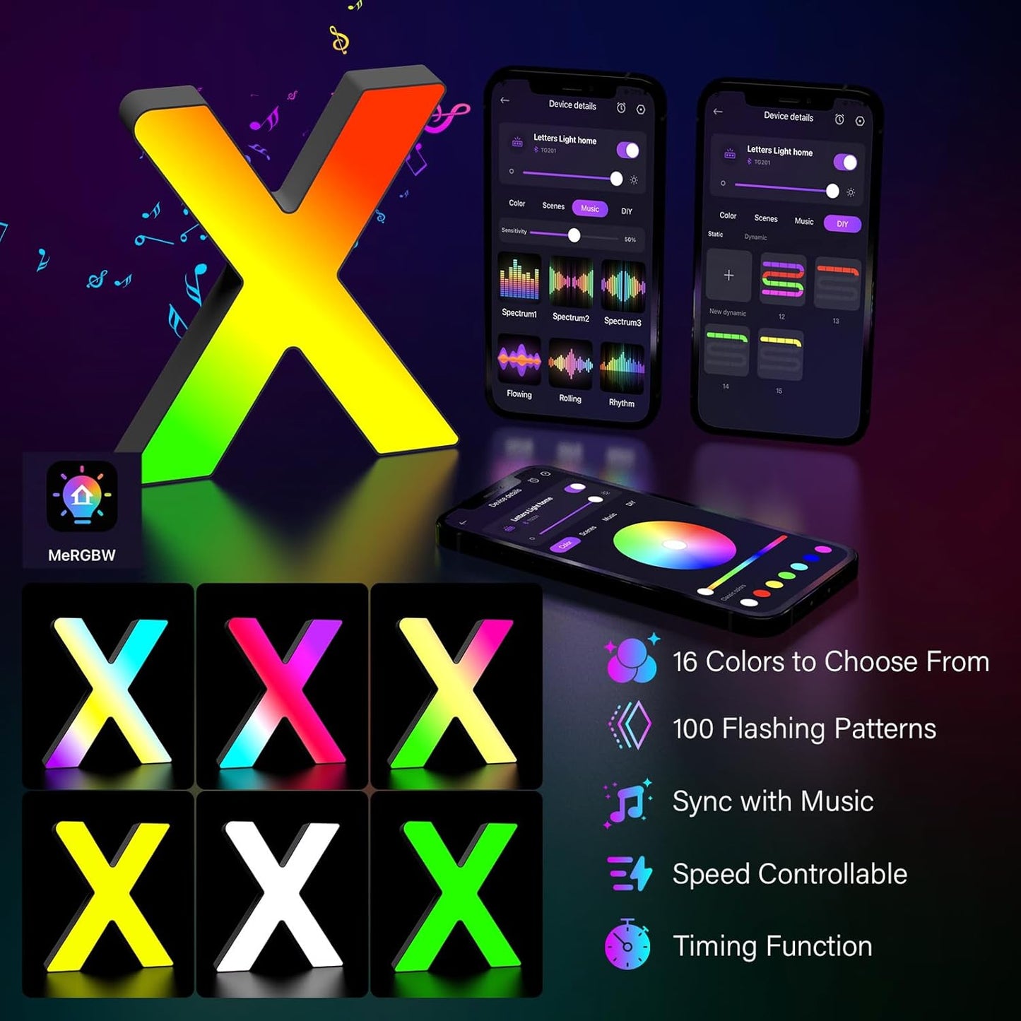 Light Up Letters Marquee Letter - Music Sync RGB Color Changing LED Lights Letter Logo Game Lights for Girls Women Party Birthday Christmas Valentine's Day Wall Desktop Decoration (MRGB-X)