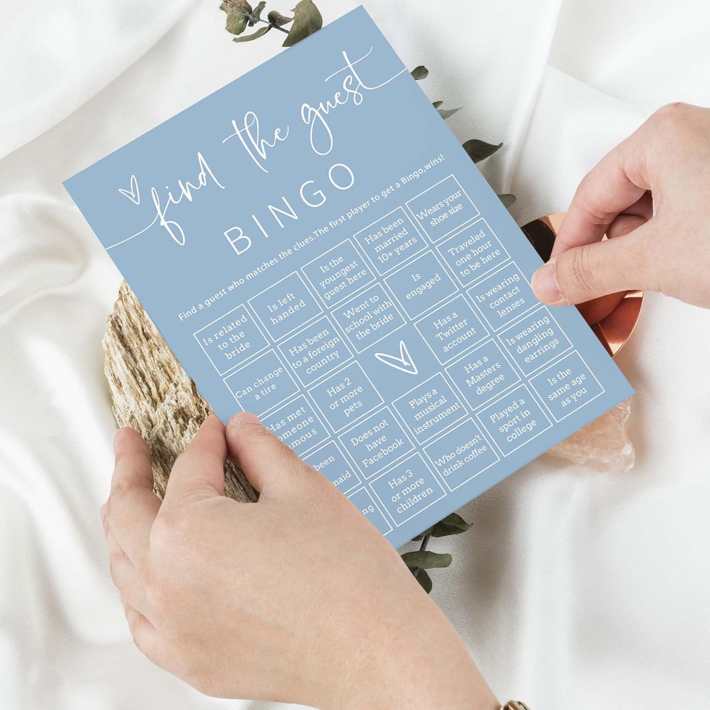Wedding Shower Games Cards, 25Pcs Prefilled Find The Guest Bingo Game Cards, Engagement Party Games for Guests, Minimalist Blue Wedding Party Supplies - B19