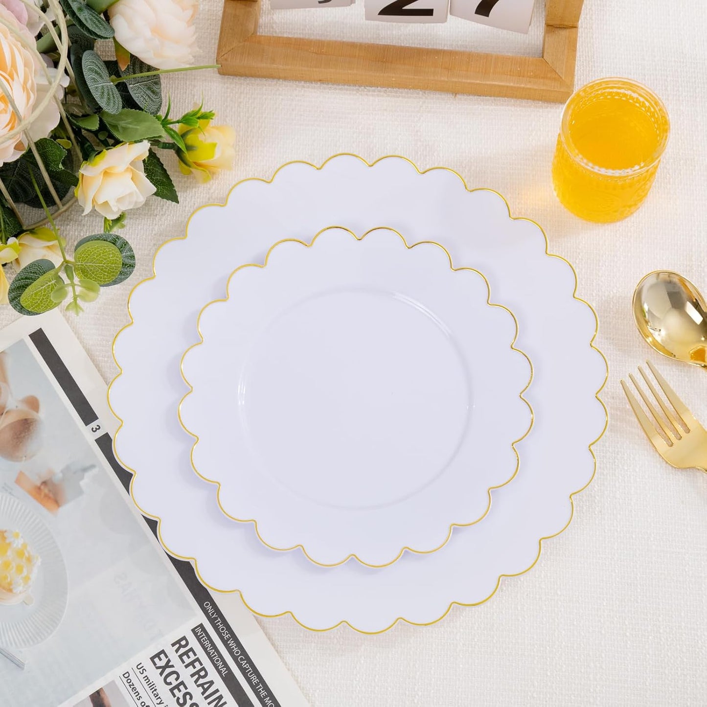 LIYH 120 Pcs White Plastic Plates Wedding Plates Disposable Heavy Duty Scalloped Plastic Plate Includes: 60 Dinner 10.25" & 60 Dessert Plate 7.5" Elegant Gold Rim Suitable for Bridal Shower Party