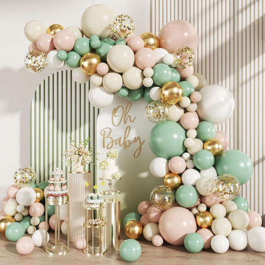 Pastel Green Pink White Gold Balloon Arch Kit, 147PCS Fog Green Light Pink White Sand Gold Metallic and Confetti Balloons Garland for Baby Shower Gender Reveal Wedding Party Decoration