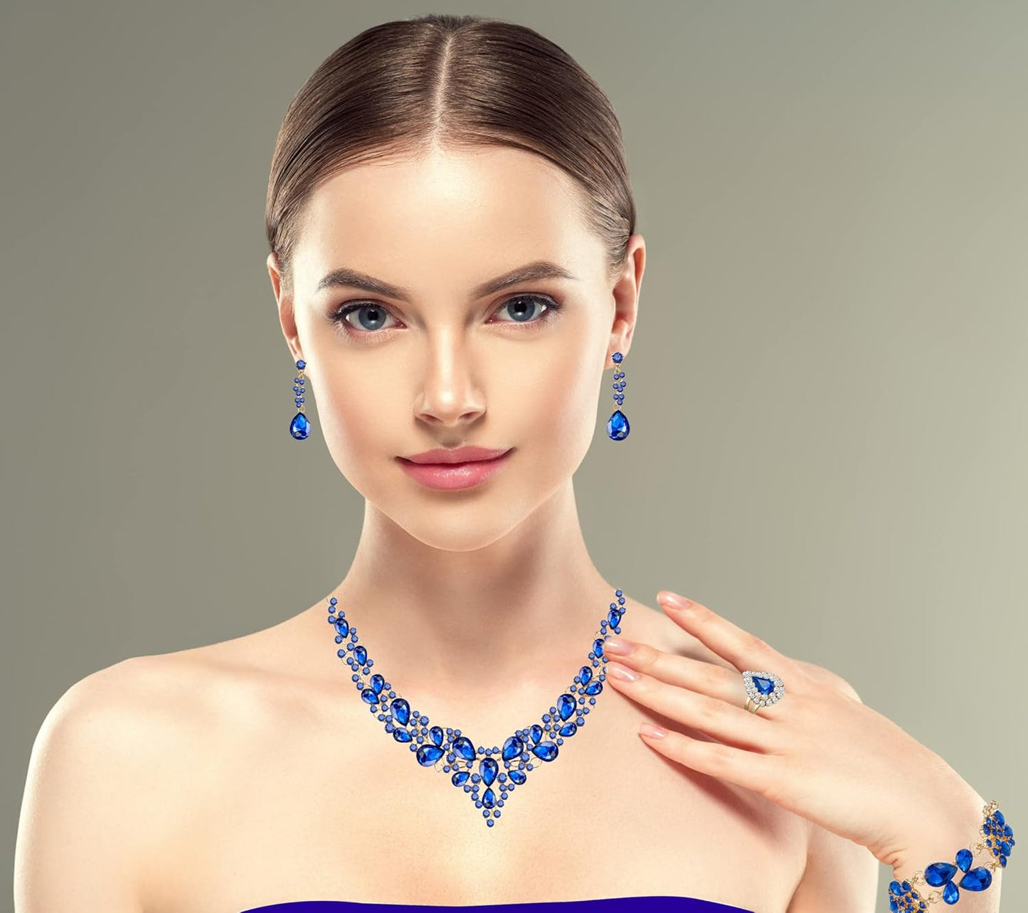 Crystal Bridal Wedding Jewelry Sets for Women Rhinestone Teardrop Crystal Statement Choker Necklace Drop Earrings Link Bracelets Rings Teardrop Jewelry Set for Brides Bridesmaids