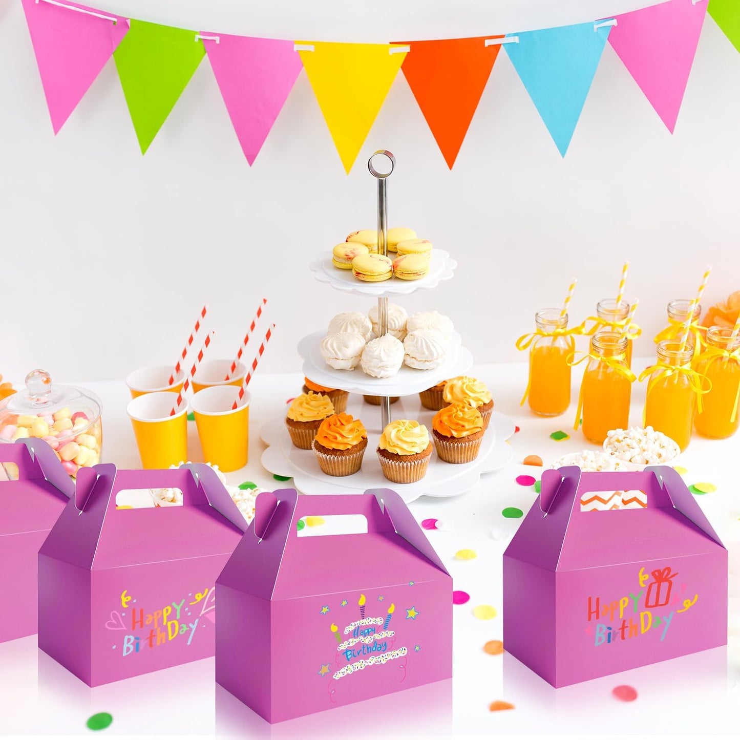 XAGLVV 24 Pack Pink Gable Boxes with Handles Paper Party Favor Gift Box for Baby Girl Showers Valentine's Day Princess Parties Bridal Showers