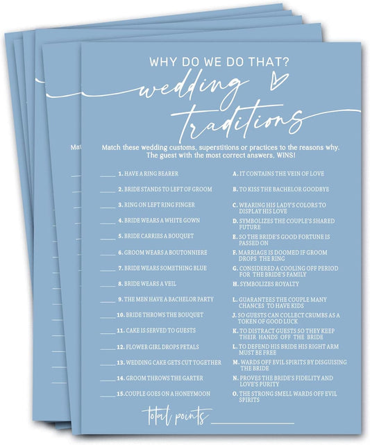 Bridal Shower Games Cards, Wedding Traditions Why Do We Do That, 25 Game Cards with 1 Answer Card, Engagement Party Wedding Games for Guests, Minimalist Blue Wedding Party Supplies - B08