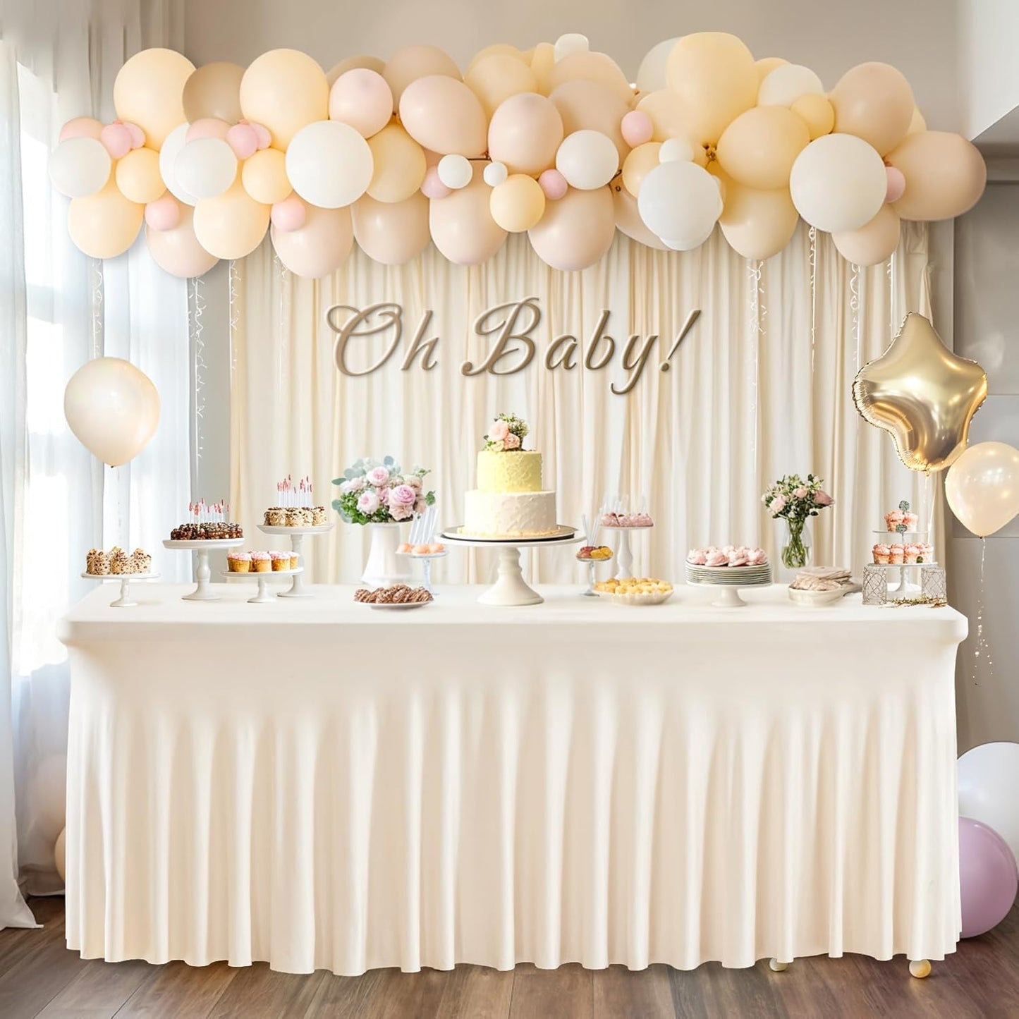 4 Packs Ivory Table Clothes for 6 Foot Rectangle Tables, One-Piece Wrinkle Resistant Stretch Spandex Table Covers with Skirt for Event Banquet Wedding Birthday Party