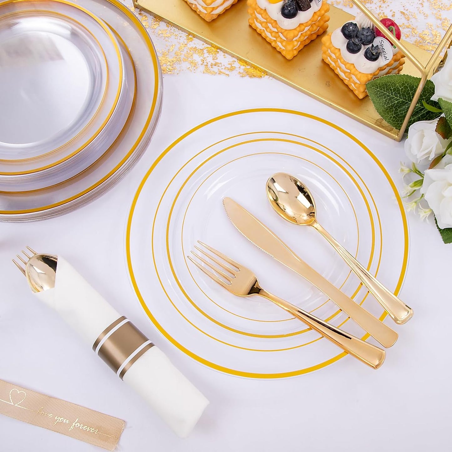 WELLIFE 210PCS Clear-Gold Plastic Plates - Dinnerware Sets for 30 Guests - 60 Disposable Plates, 90 Plastic Silverware, 30 Cups, 30 Napkins for Party
