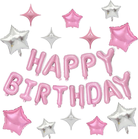 KALOR Pink and Silver Happy Birthday Balloons Kit with16 Inch Mylar Foil Letters Balloon and Star Balloons for Women, Men, Boys & Girls Kids Birthday Decorations Photo Backdrop