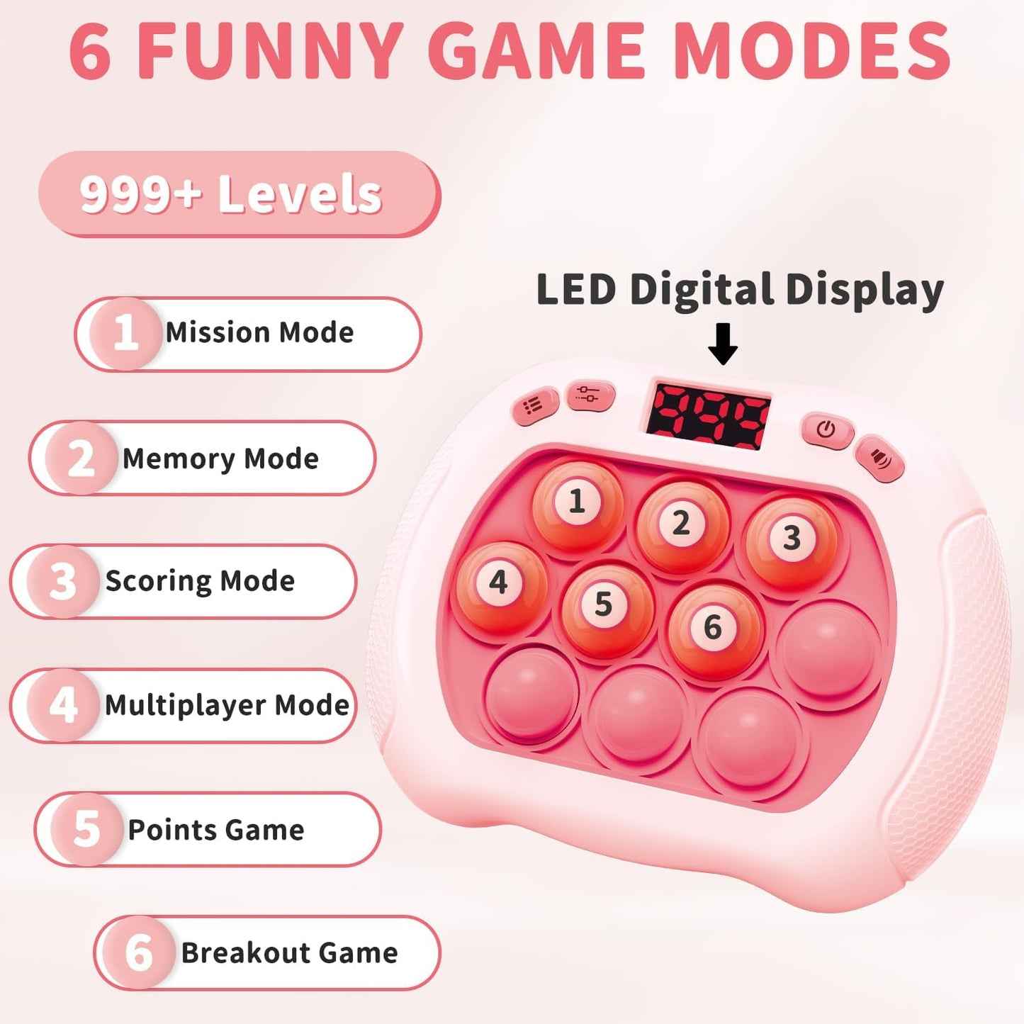 Pop Game Light Up Fidget Toy for Kids, 6 Modes LED Screen Quick Push Controller Electric Fidget Popper Bubble Game Car Games Travel Activities Birthday Toys for Girls Pink