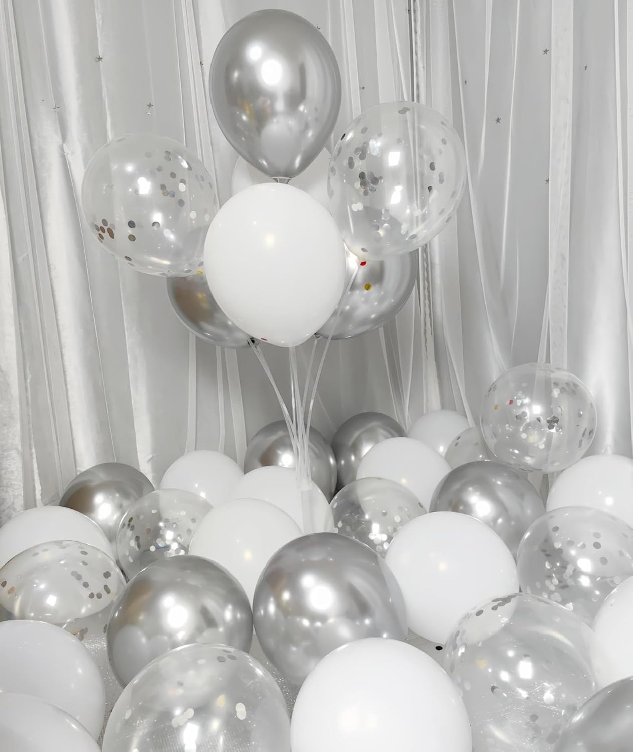 300 Pack White and Silver Balloons 12 Inch Silver Confetti Balloon for Various Party Events Decorations