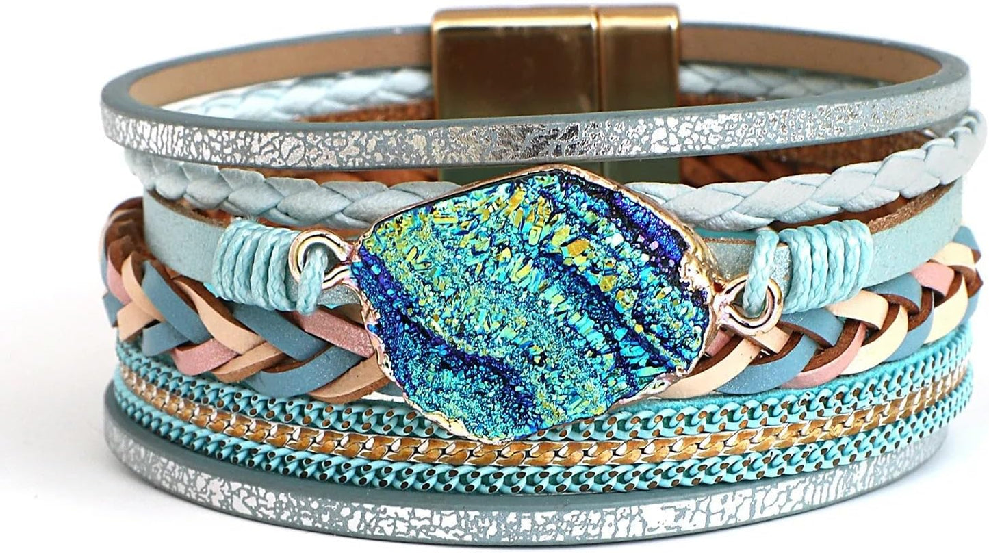 Fesciory Leopard Bracelet for Women, Boho Leather Wrap Multi-Layer Pearl Crystal Bracelet Bangle Jewelry