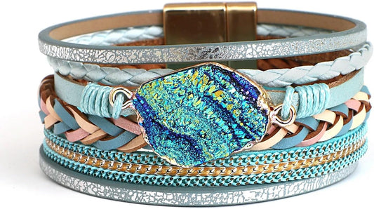 Fesciory Leopard Bracelet for Women, Boho Leather Wrap Multi-Layer Pearl Crystal Bracelet Bangle Jewelry