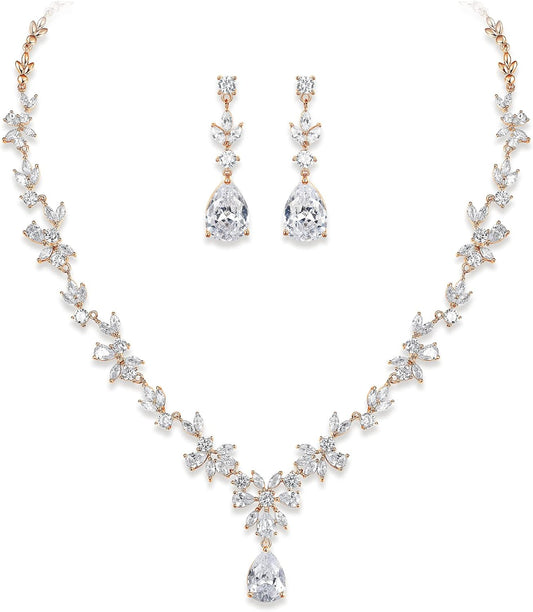Crysdue Wedding Jewelry Set for Women, Floral Leaf Vine Teardrop Necklace Dangle Earrings Bracelet and Hair Comb, Cubic Zirconia Elegant Party Prom Jewellery for Bridal Bridesmaid