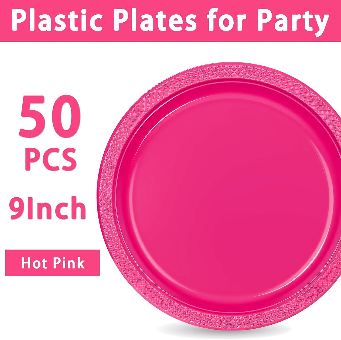 WELLIFE 9 Inch Plastic Plates Hot Pink 50 Count Disposable Plate for Party, Dessert Plates for Dinner Cake Salad Supplies Birthday