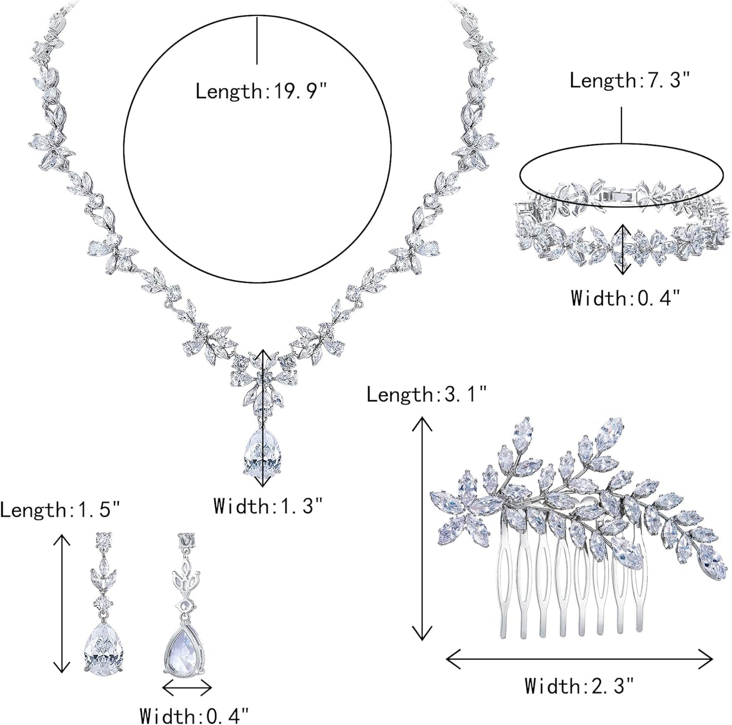 Crysdue Wedding Jewelry Set for Women, Floral Leaf Vine Teardrop Necklace Dangle Earrings Bracelet and Hair Comb, Cubic Zirconia Elegant Party Prom Jewellery for Bridal Bridesmaid
