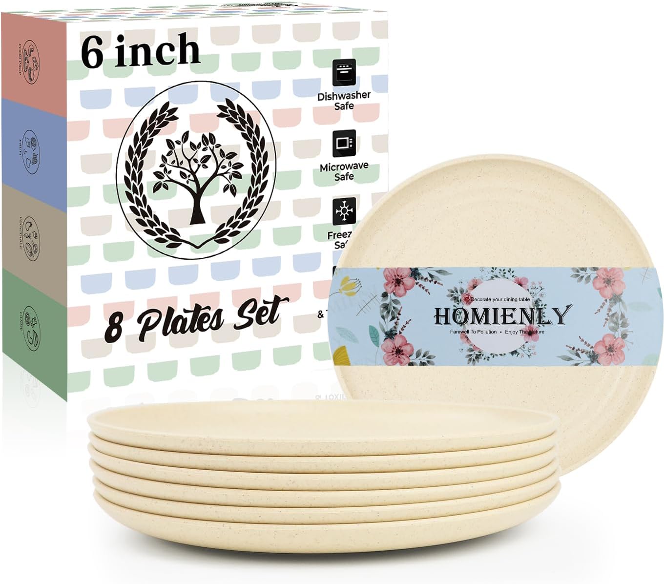 Homienly Small Plates Set of 8, Wheat Straw Plates, 5.7 Inch Lightweight Unbreakable MIni Dessert Plate, Microwave and Dishwasher Safe Small Plate Set - Beige
