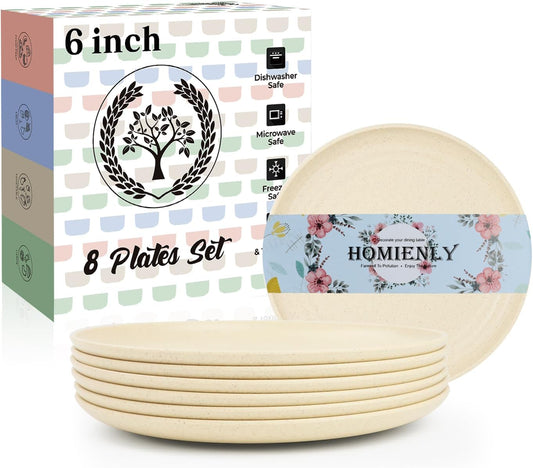Homienly Small Plates Set of 8, Wheat Straw Plates, 5.7 Inch Lightweight Unbreakable MIni Dessert Plate, Microwave and Dishwasher Safe Small Plate Set - Beige