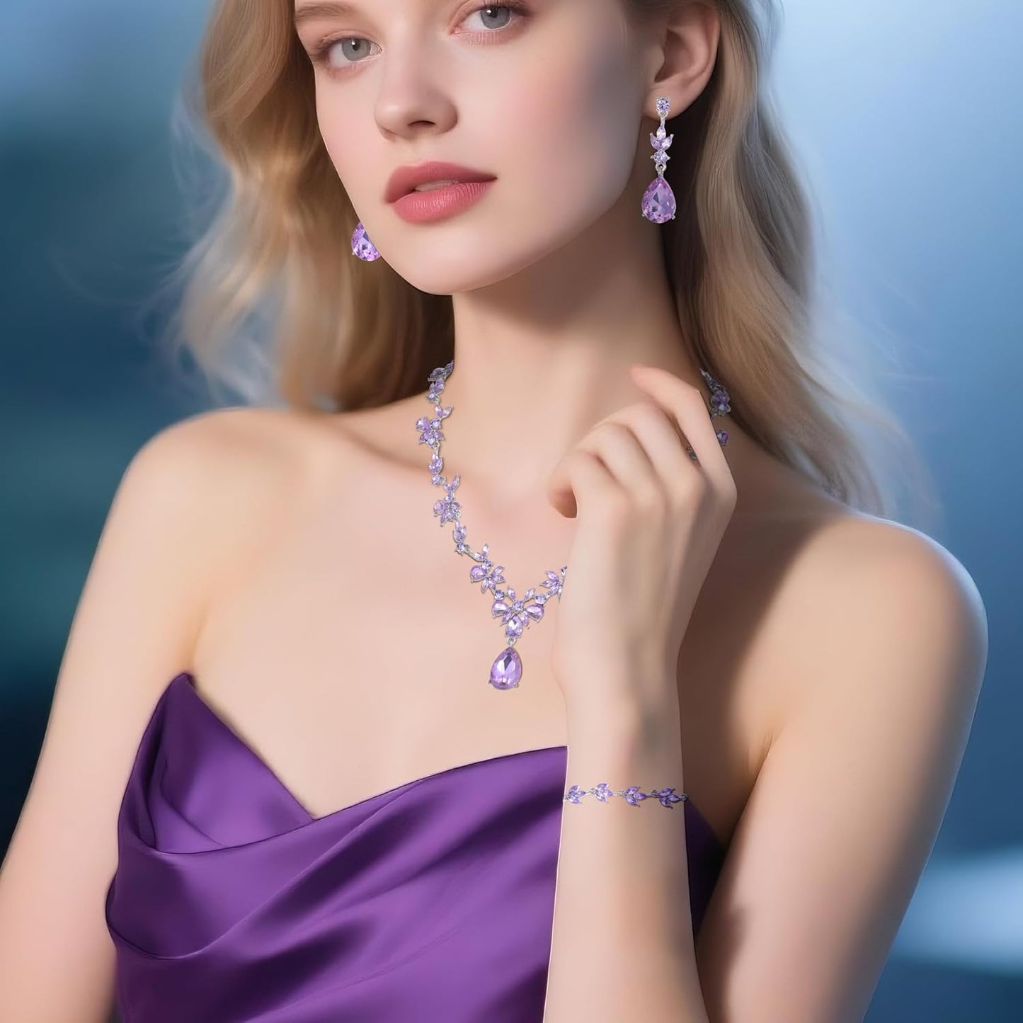 Kamirola Bridal Jewelry Set, Jewelry Set for Women, Necklace Dangle Earrings Bracelet Set, White Gold Plated (TR76)