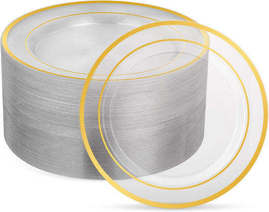 Goodluck 100PCS Clear Gold Plastic Plates, 10.25 Inch Dinner Plate with Silver Rim, Heavy Duty Disposable Plastic Plates for Party, Wedding, Birthday & Daily Use