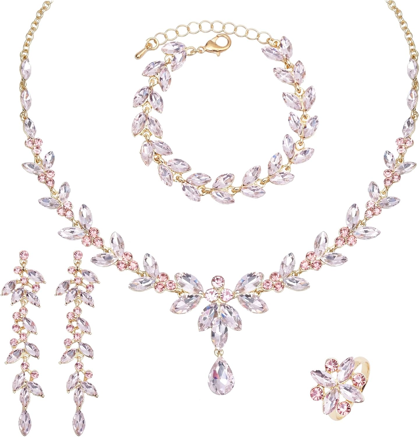 CSY 4 Pcs Elegant Bridal Jewelry Sets Austrian Marquise Crystal Wedding Necklace Dangle Earrings Tennis Bracelet Ring Set for Bride Women Costume Accessories