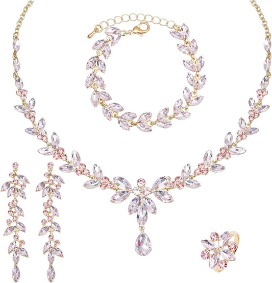 CSY 4 Pcs Elegant Bridal Jewelry Sets Austrian Marquise Crystal Wedding Necklace Dangle Earrings Tennis Bracelet Ring Set for Bride Women Costume Accessories