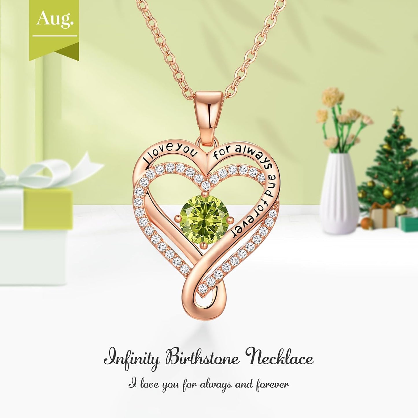 18K Rose Gold Infinity Love Heart Birthstone Necklace for Women Wife, Anniversary for Women Wife Birthday Gift for Her Girlfriend Mom Daughters, I Love You Women's Jewelry S925 Sterling Silver