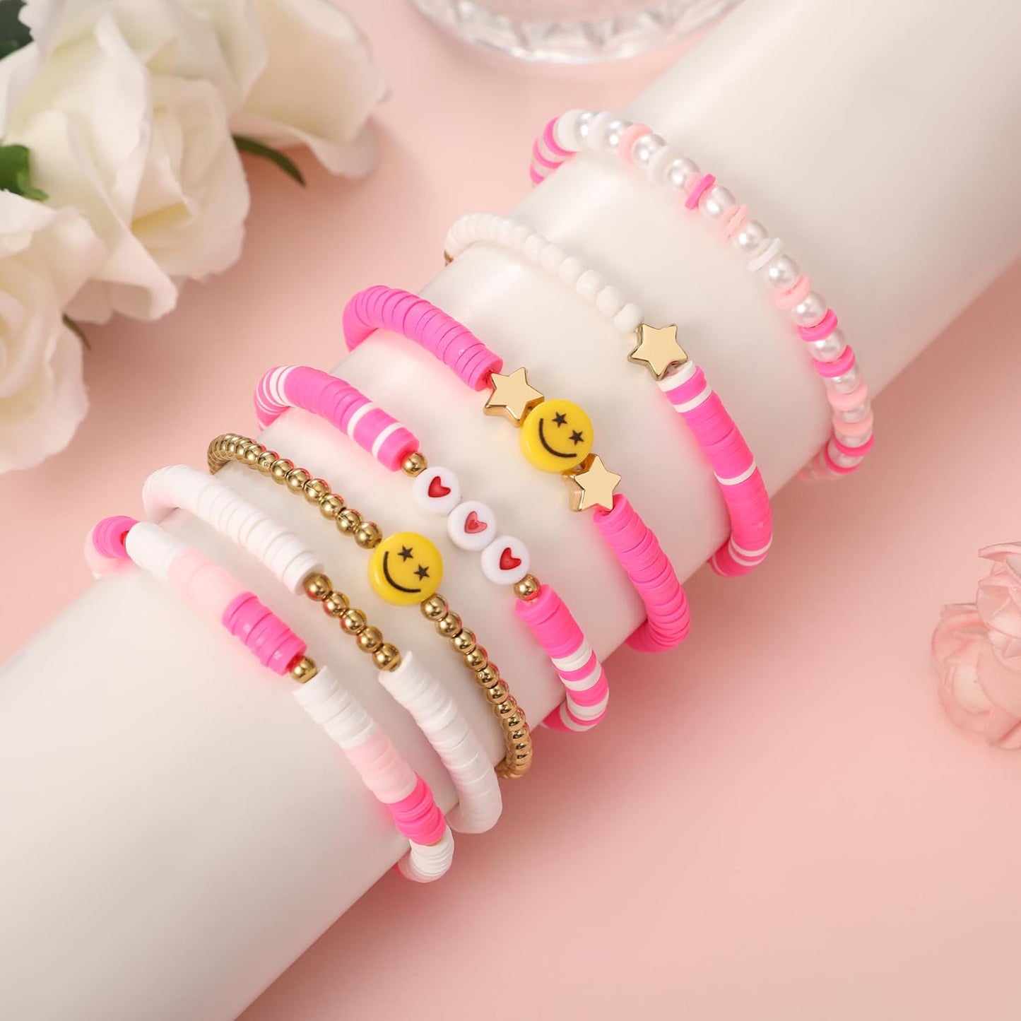 Preppy Bracelets Set Colorful White Gold Smile Heart Star Polymer Beaded Pearl Clay Stackable Charm Y2K Kidcore Aesthetic Summer Beach Bohemian Stretch Layering Bracelets Jewelry for Girls Women Teens