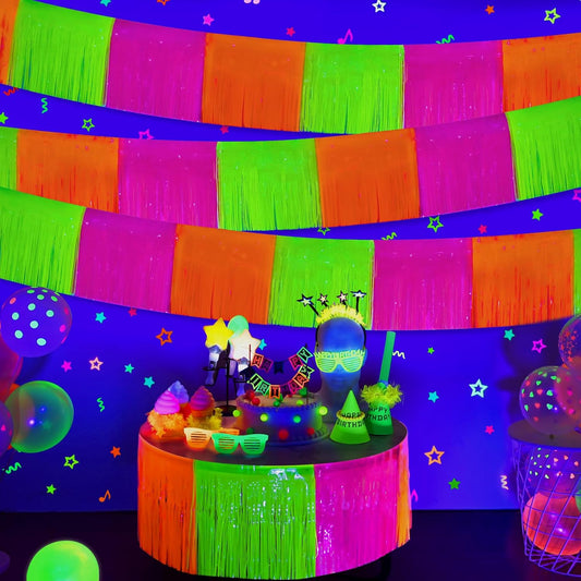 Mega-L Glow in The Dark Party Supplies, 4 Pack Foil Fringe Garland Birthday Party Decorations 9.8 ft Fluorescent Macaron Orange, Yellow and Fuchsia Metallic Tinsel Banner, Photo Booth Prop Table Skirt