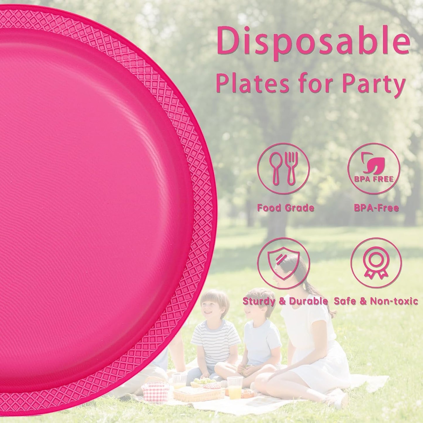 WELLIFE 7 Inch Plastic Plates Hot Pink 50 Count Disposable Plate for Party, Dessert Small Plates for Dinner Cake Salad Supplies Birthday