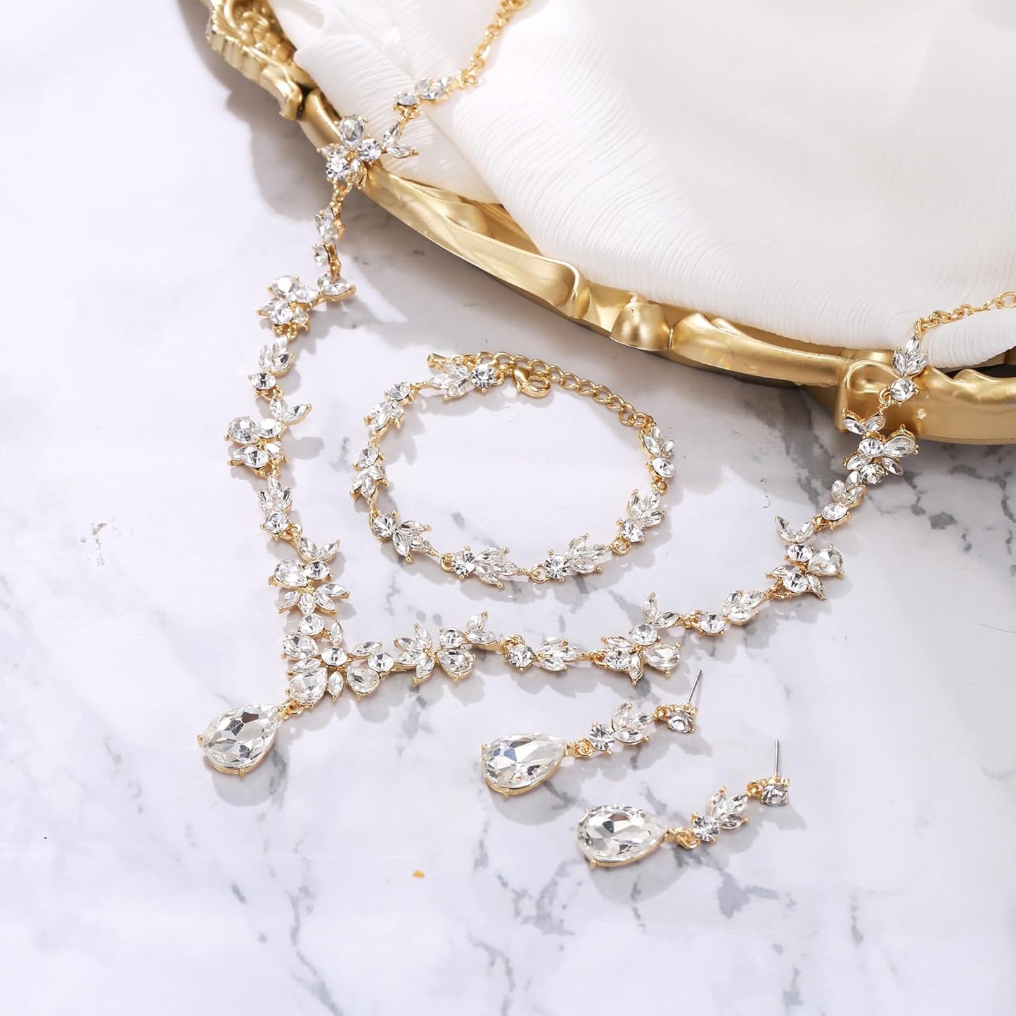 BriLove Wedding Jewelry Set for Women Bride, Y-Necklace Tennis Bracelet Dangle Earrings Crystal Teardrop Marquise Cluster for Bridal Bridesmaid