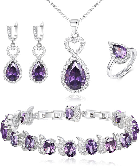 BriLove Wedding Jewelry Set for Women Bride Bridesmaid, Gorgeous Cubic Zirconia Teardrop Necklace Earrings Bracelet Adjustable Ring Jewelry Gift for Birthday/Anniversary/Mother’s Day