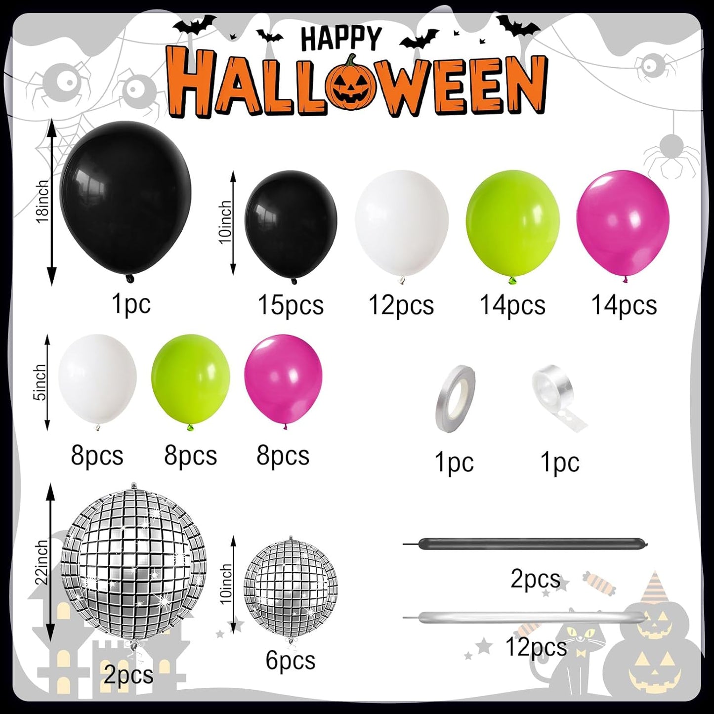 Halloween Balloons Arch Kit, Black Green Hot Pink Balloon Garland Kit with 4D Disco Spider Balloon, Black Pink White Metallic Silver Long Balloons for Halloween Birthday Home Garden Party Decorations