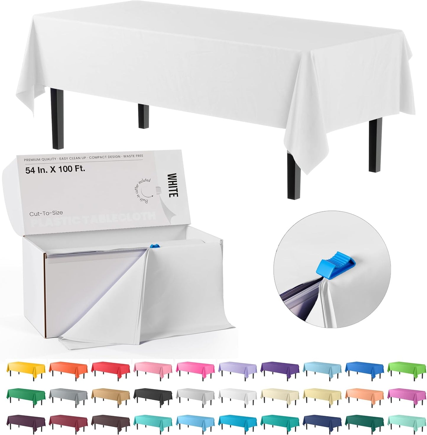Party Solids 54 Inch X 100 Feet White Plastic Table Cover Roll in A Cut - to - Size Box with Convenient Slide Cutter. Cuts Up to 12 Rectangle 8 Feet Plastic Disposable Tablecloths