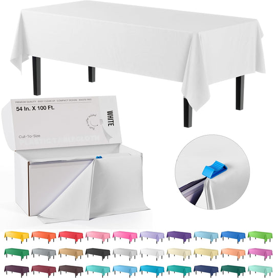 Party Solids 54 Inch X 100 Feet White Plastic Table Cover Roll in A Cut - to - Size Box with Convenient Slide Cutter. Cuts Up to 12 Rectangle 8 Feet Plastic Disposable Tablecloths