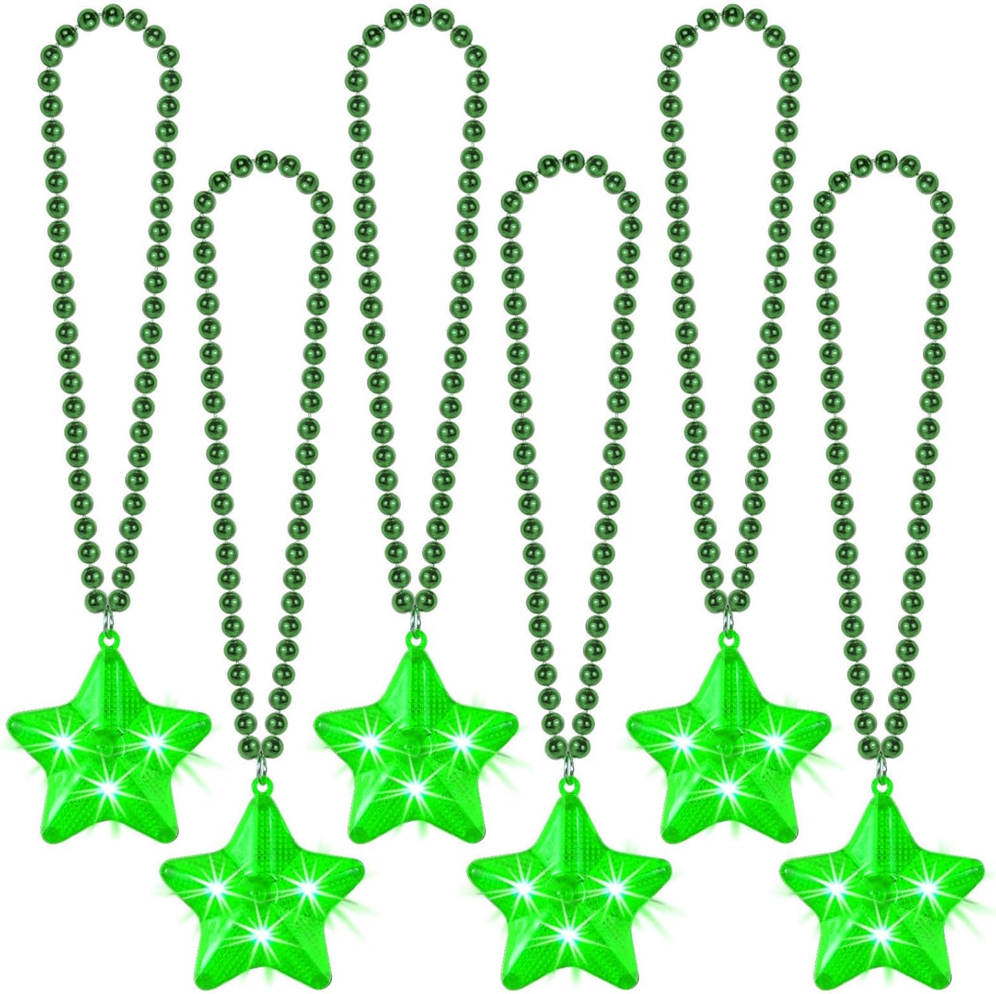 6 Pack Green LED Glow Star Necklace Bulk Beaded Necklaces for Christmas Decorations Mardi Gras Party Favors